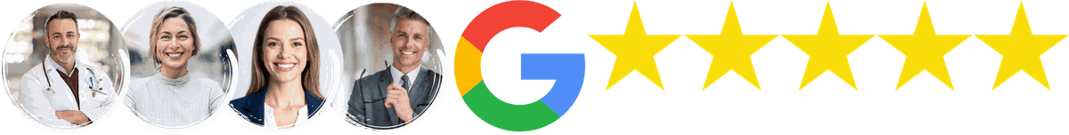 Vier Kundenporträts, Google-Logo und fünf ausgefüllte Sterne